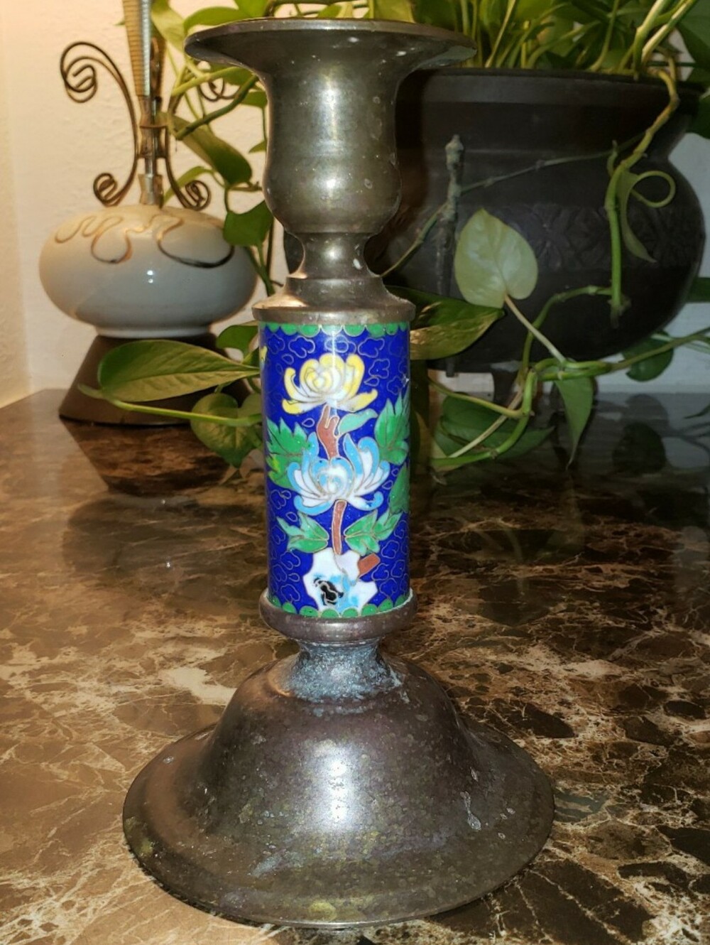Vintage Cloisonne Enamel & Brass Ornate Candle Stick Holder